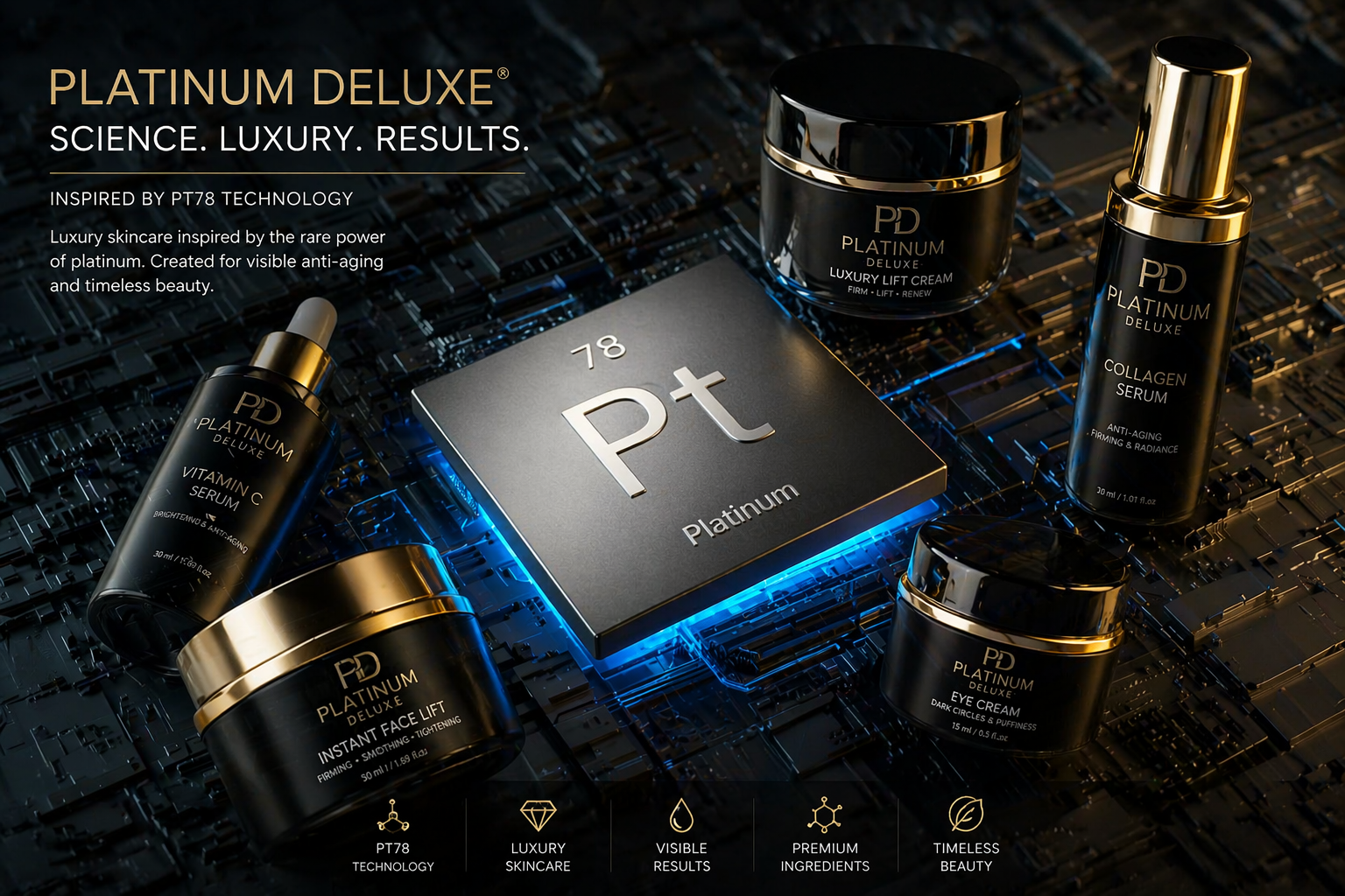  Platinum Deluxe PT78 luxury skincare products inspired by platinum technology on a futuristic dark circuit background