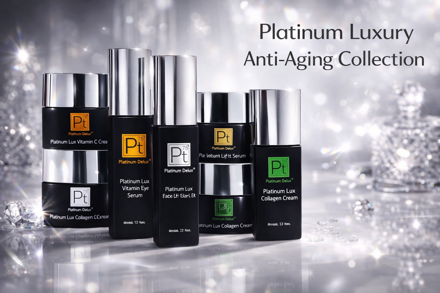 Platinum luxury skincare collection with crystals