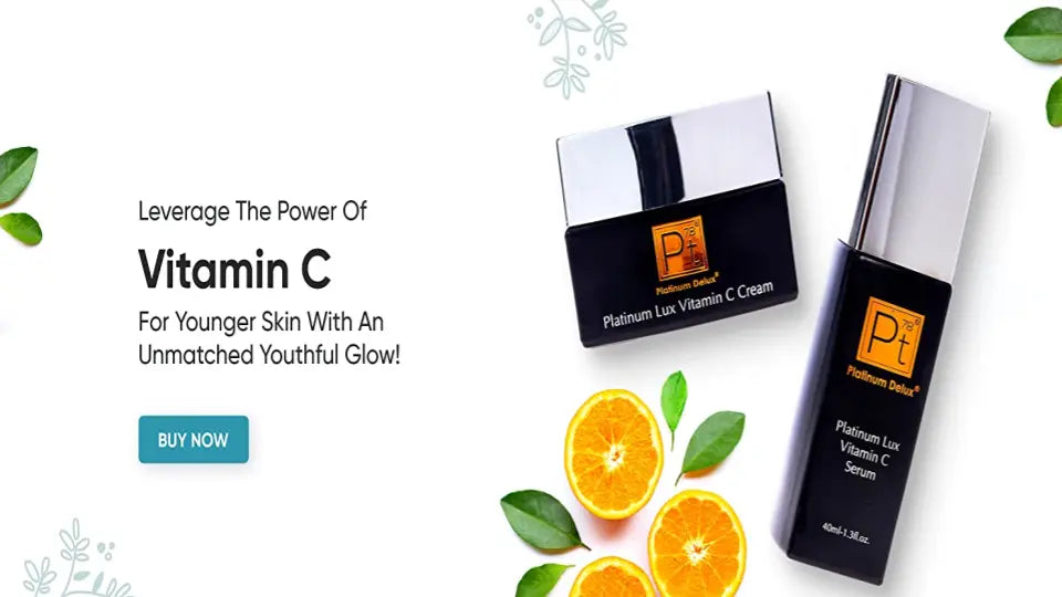Platinum Lux Vitamin C Serum bottle by Platinum Deluxe for skin brightening and anti-aging protection.