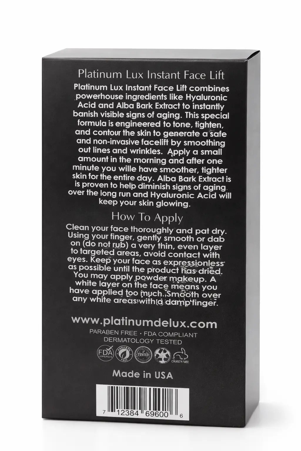 Platinum Lux Instant Face Lift packaging luxury skincare box platinum deluxe anti-aging product