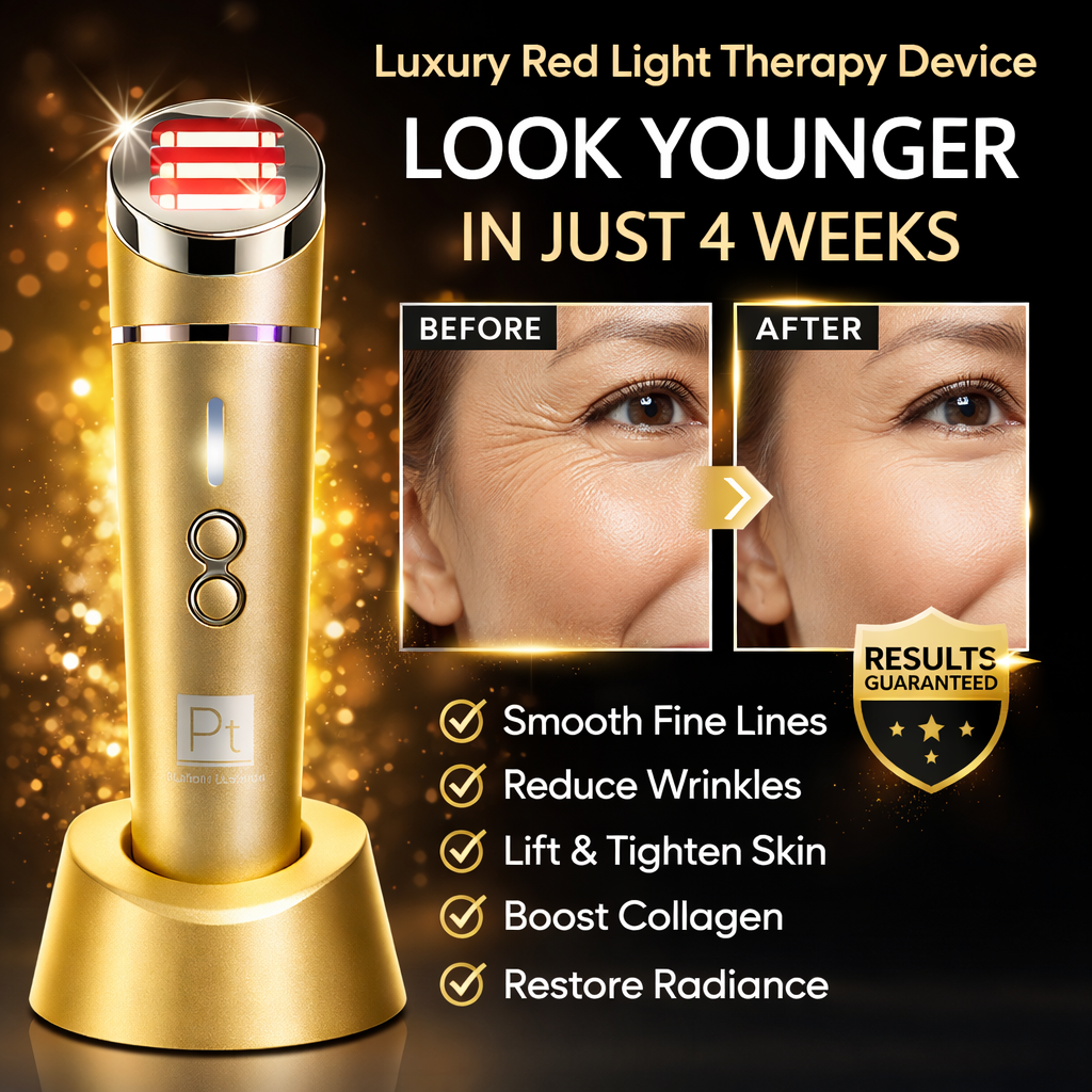 Platinum Deluxe red light therapy device before and after results reducing wrinkles and improving skin firmness and radiance