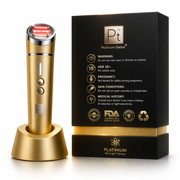 
Platinum Deluxe red light therapy device with packaging back showing safety instructions isolated on white background