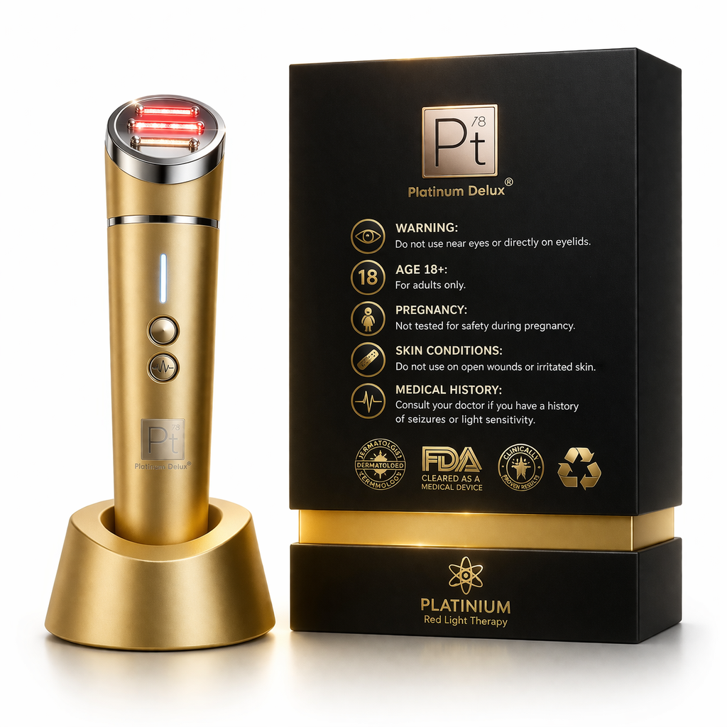 
Platinum Deluxe red light therapy device with packaging back showing safety instructions isolated on white background