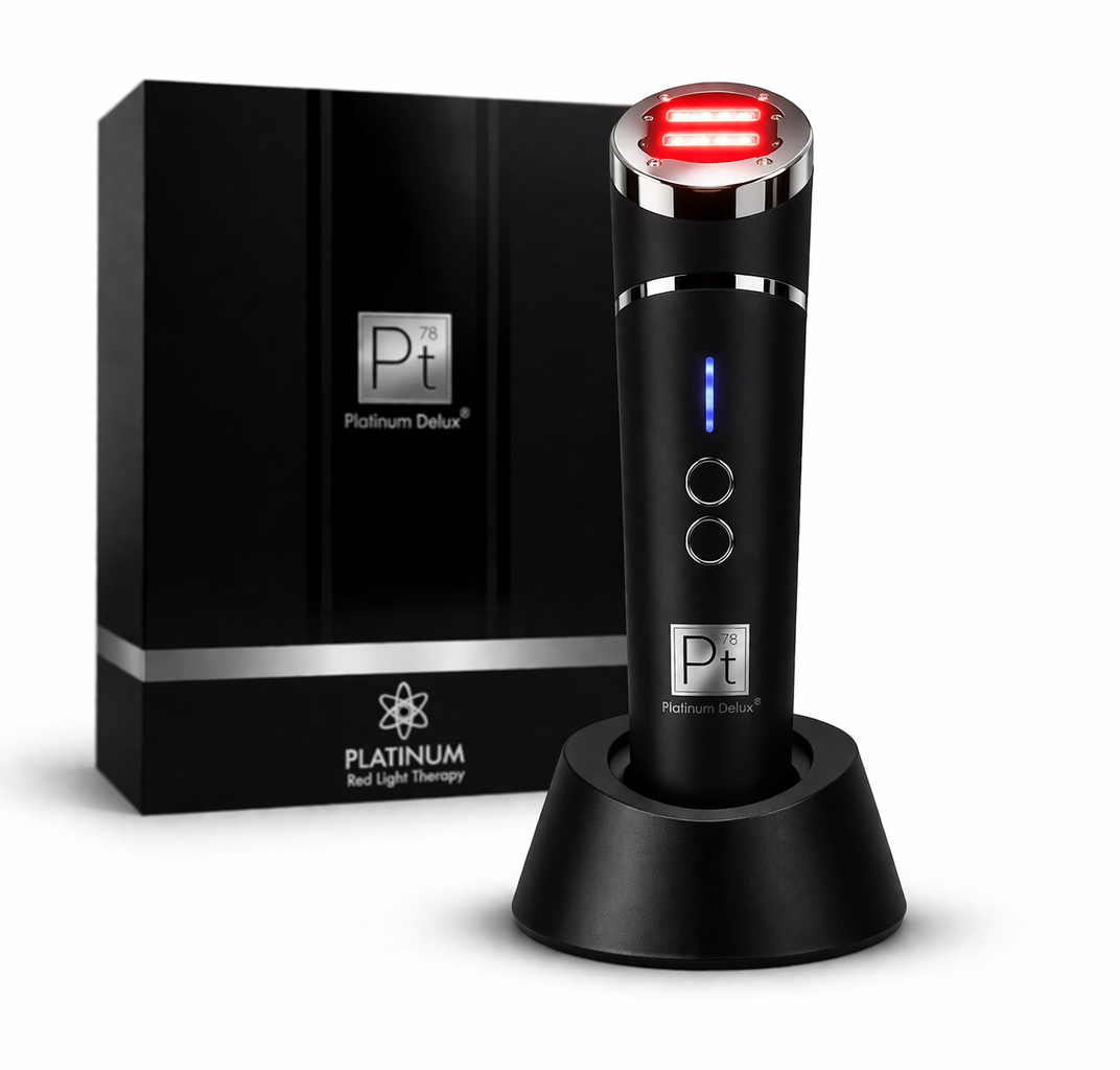 Luxury red light therapy device with packaging on pure white background, anti-aging skincare tool for reducing wrinkles, boosting collagen and improving skin texture